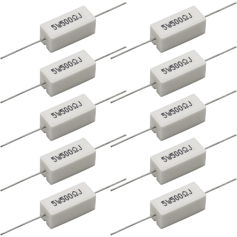 Dimlove Cement Resistor,10 PCS 5W 500 Ohm 5% Axial Lead Wire Resistor White Wound Fixed Ceramic Cement Resistors Wirewound Cement Power Resistors Flame Heat Moisture Resistance Precharge Horizontal Resistors - Image 1